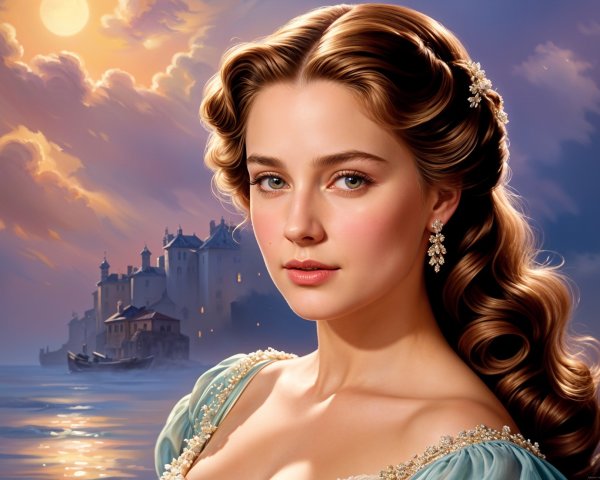 Serene Young Woman in Elegant Blue Gown at Sunset Coastline