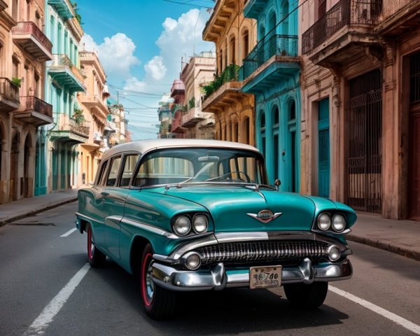 Vintage teal car on vibrant street with pastel buildings under clear sky
