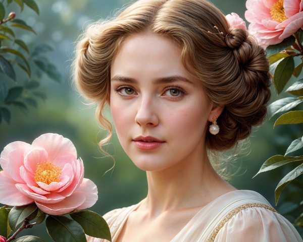 Young woman in elegant dress among blooming peonies