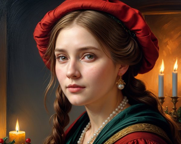 Young Woman in Colorful Dress with Red Bonnet and Candles