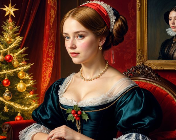 19th-Century Woman in Elegant Room with Christmas Tree