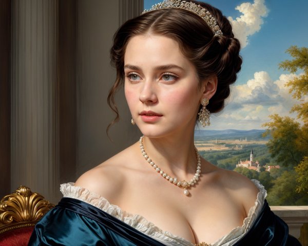 Elegant Young Woman in Dark Blue Gown Portrait