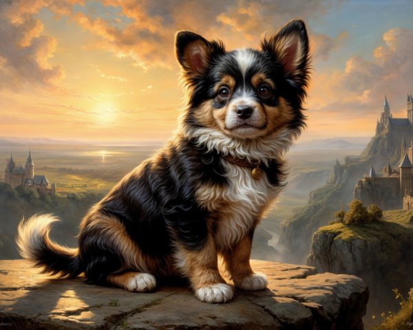 Fluffy Dog on Rocky Ledge at Sunset with Castles
