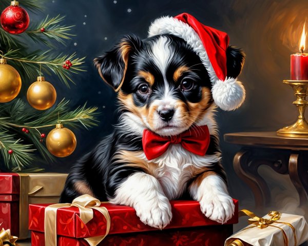 Puppy in Santa Hat Surrounded by Christmas Decor