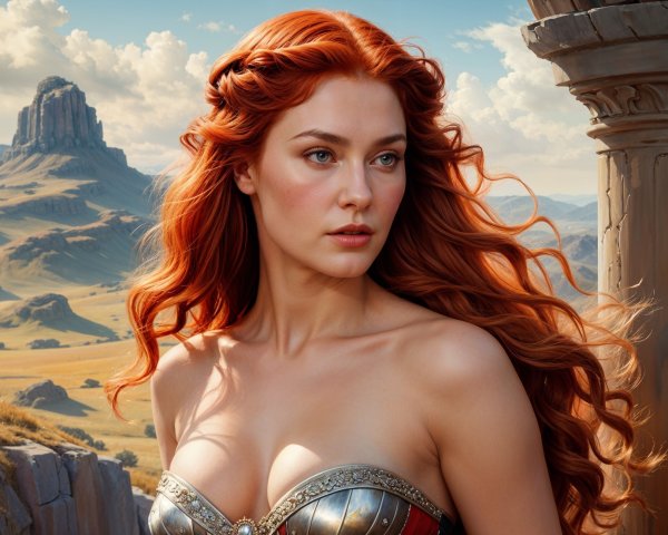 Woman in Detailed Armor Against Scenic Landscape