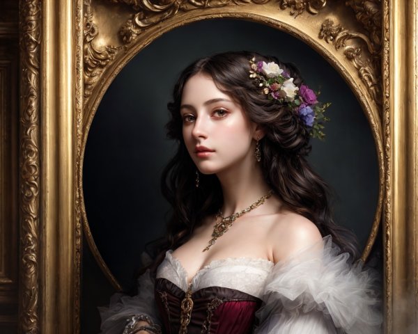 Young woman in vintage attire with dark hair and floral headpiece, framed by ornate mirror.