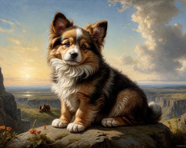Fluffy Dog on Rocky Outcrop with Scenic Landscape