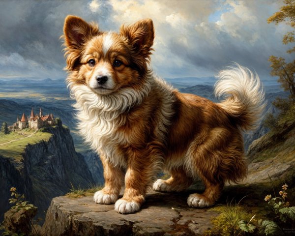 Fluffy Dog on Rocky Ledge with Scenic Landscape