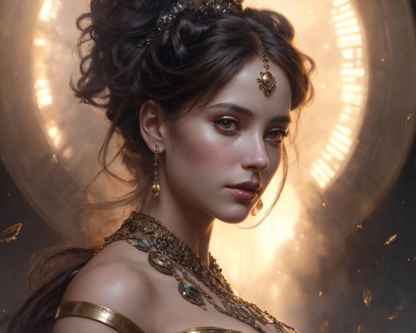 Woman with Golden Jewelry in Opulent Setting