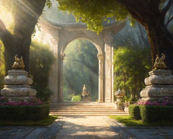 Sunlit garden with archway, statues, trees, pink flowers