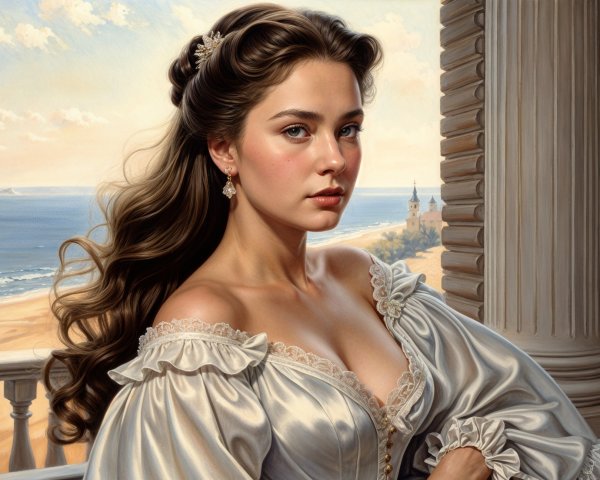 Young woman in elegant gown by serene seaside landscape