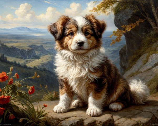 Fluffy puppy on rocky ledge in scenic landscape