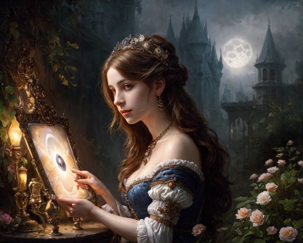 Royal woman in gown and tiara painting in moonlit garden with castle.