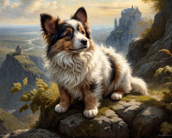 Fluffy Tricolor Dog on Rocky Outcrop with Castle View