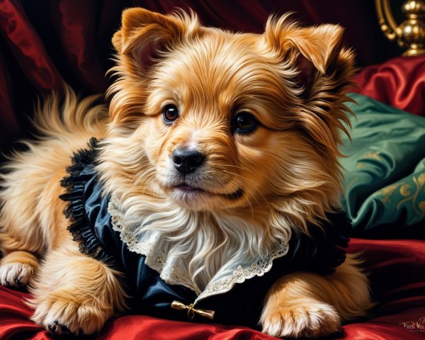 Fluffy Golden-Brown Puppy on Red Velvet Surface