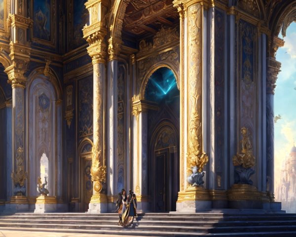 Opulent palace interior with columns, statues, and figures conversing