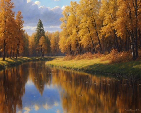 Tranquil autumn river scene with golden trees and blue sky