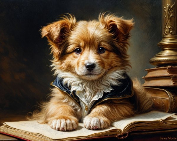 Fluffy Puppy Resting on Open Book in Cozy Setting
