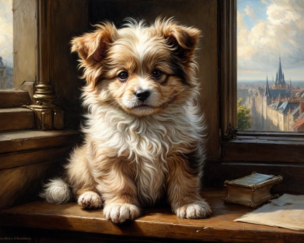 Fluffy Puppy on Wooden Ledge with Scenic Background