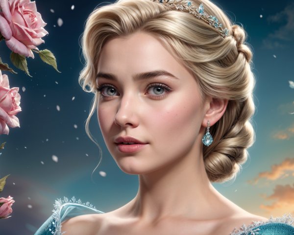 Elegant Young Woman with Tiara and Pink Roses