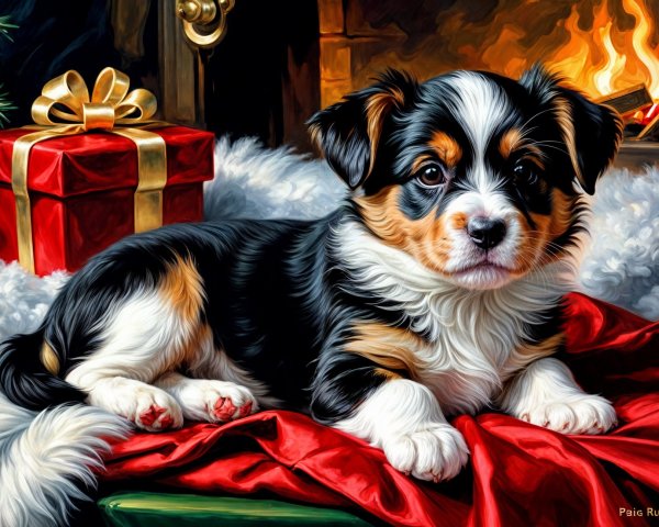 Puppy by Fireplace with Holiday Gifts and Cozy Atmosphere