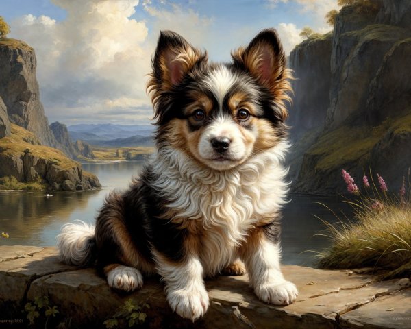 Tri-colored puppy by serene lake and majestic cliffs