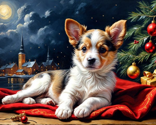 Fluffy Puppy on Red Blanket with Holiday Decor
