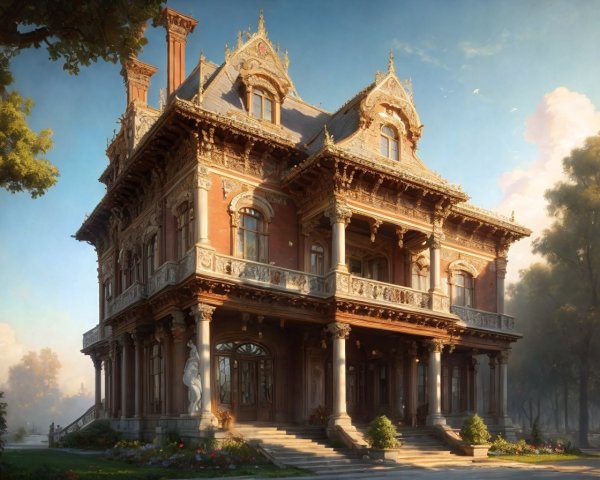 Ornate mansion with grand façade and lush surroundings