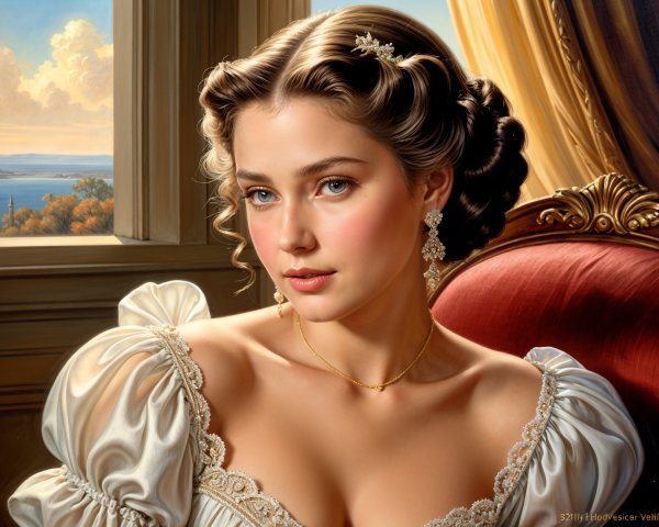 Young Woman in Elegant Vintage Setting with Lavish Gown