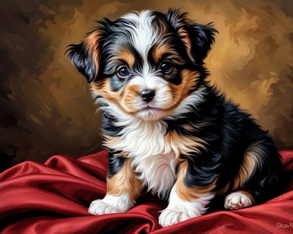 Charming Tri-Color Puppy on Rich Red Drapery