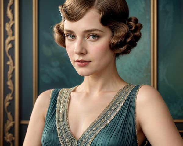 Vintage-inspired hairstyle and teal evening gown elegance