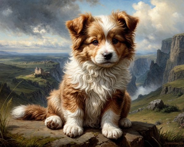 Fluffy Puppy on Rocky Ledge with Scenic Background