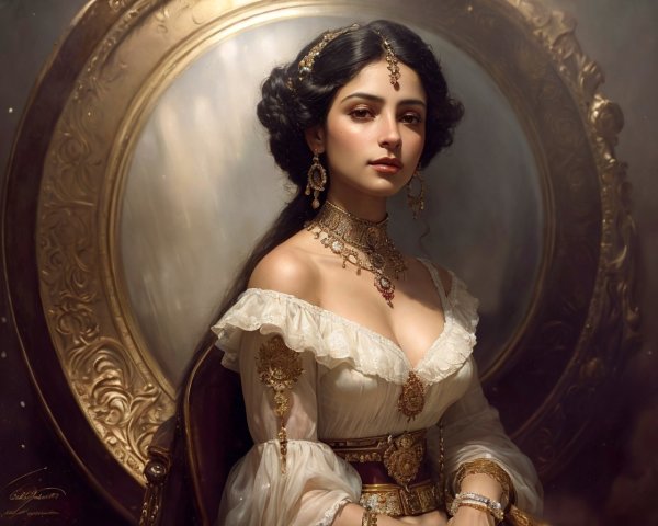 Elegant Woman in Off-Shoulder Gown Against Ornate Backdrop