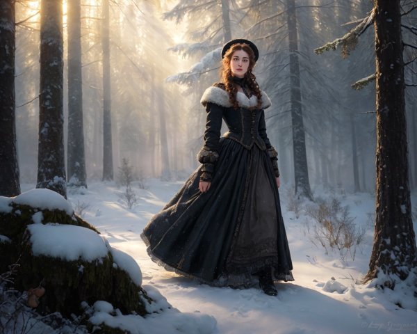 Vintage-dressed woman in snowy forest with sunbeams