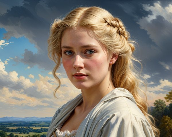 Young woman in braid against serene landscape backdrop
