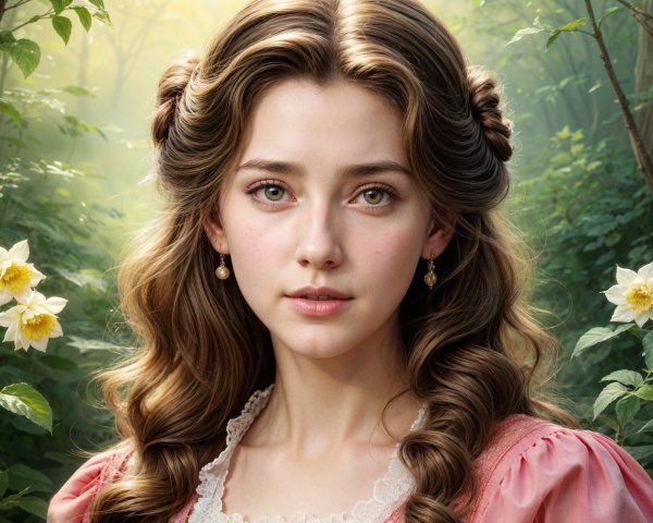 Young woman in vintage dress among lush foliage