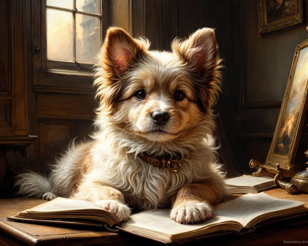 Fluffy dog resting on book in a cozy room setting