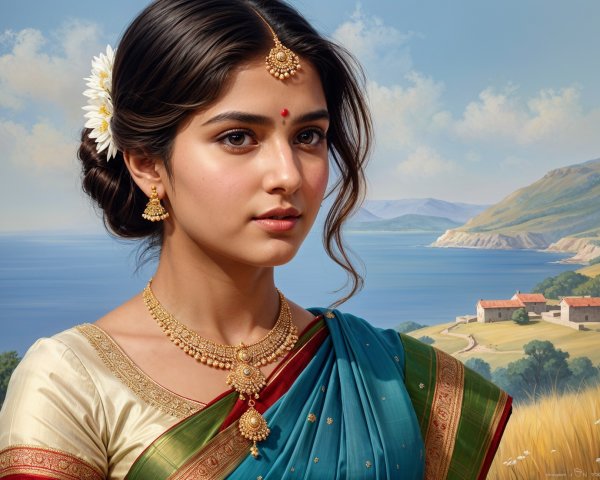 Young woman in vibrant saree with serene landscape