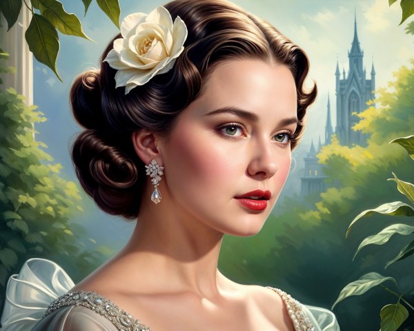 Young woman in ethereal dress with flower and castle