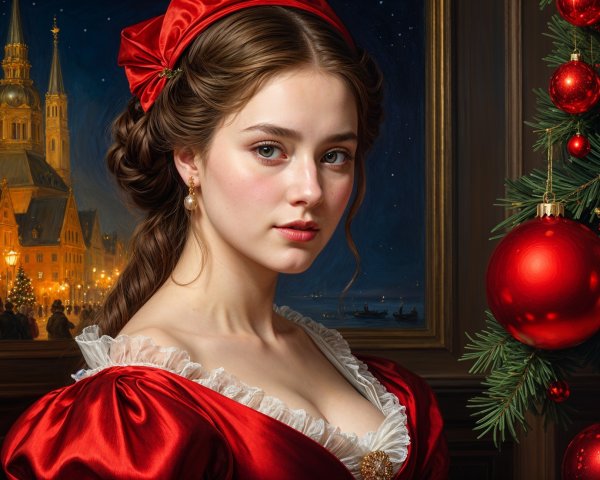 Young Woman in Festive Red Dress at Twilight Scene