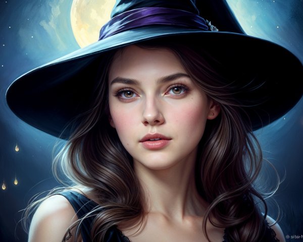 Young woman in black witch's hat under moonlight