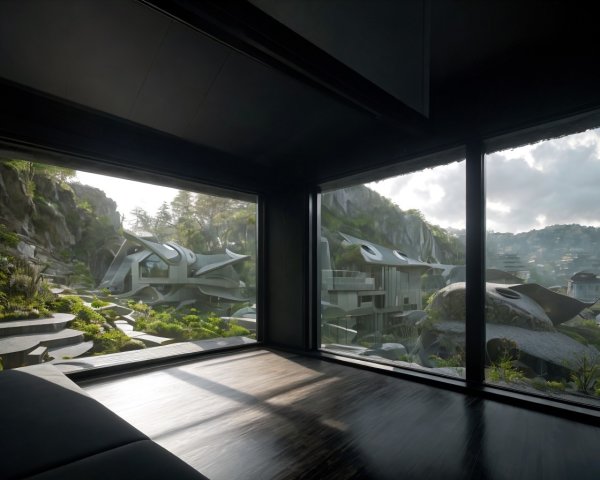 Modern room with large windows showcasing futuristic cityscape and unique architecture.