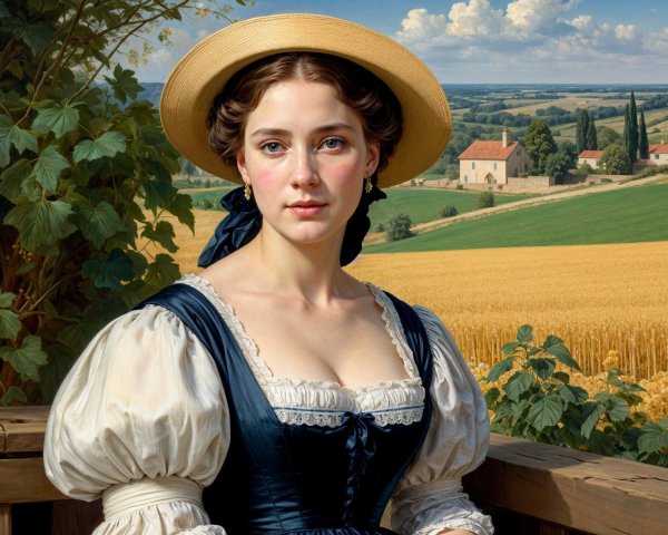 Young Woman in Traditional Dress in Sunlit Landscape