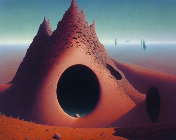 Unique surreal landscape: red conical mountain and small structures under hazy sky