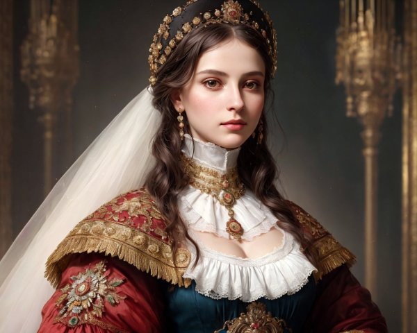 Regal Woman in Ornate Historical Gown and Crown