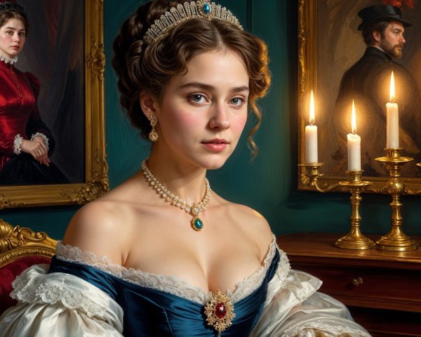 Young woman in blue gown amidst elegant decor