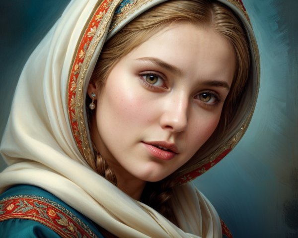 Young woman in embroidered headscarf with serene gaze