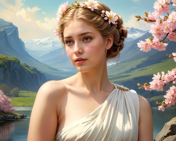 Serene Woman in Floral Crown by Tranquil Lake and Mountains
