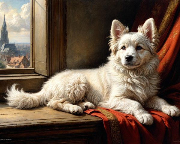 Fluffy White Dog on Sunlit Windowsill with Landscape