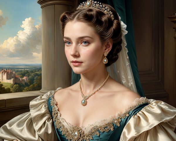 Elegant Woman in Teal Gown with Scenic Background